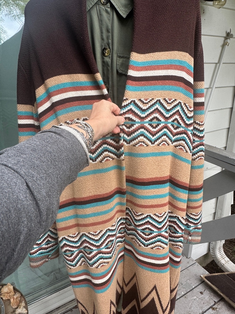 Boho Stripe Open-Front Women’s Sweater Cardigan - Teal & Tan